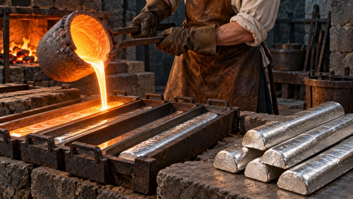 Pouring the bullion into long bars